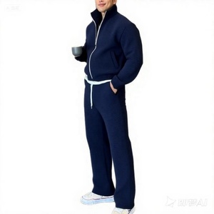 Custom Mens Waffle Knit Full <b>Zip</b> Eco-Friendly Breathable Winter Tracksuit Wholesale 2 Piece Textured <b>Hooded</b> Sweatsuit Set - Product Image 2