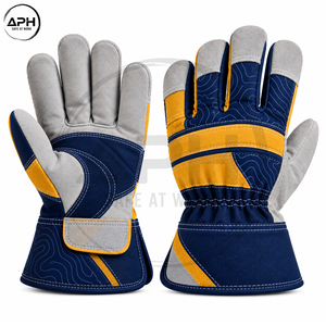 Gants de travail bleu marine et moutarde avec paume incurvée en tissu à motif profilé, doigts en daim gris et manchette longue - Product Image 3