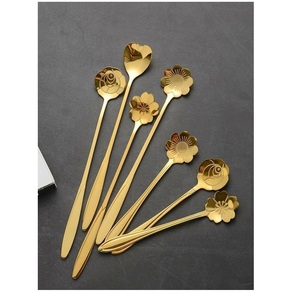 Juego de Cucharas de Acero Inoxidable Dorado Brillante con Forma de Flor y Mango Largo, Cucharas para Postre y Café para Bodas - Product Image 1