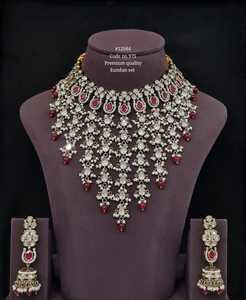 12584Premium Kundan Necklace and Earring <b>Set</b> with Red Zircon and Imitation <b>Pearls</b> Mehandi Plated Vintage Style for Wedding Wear - Product Image 1