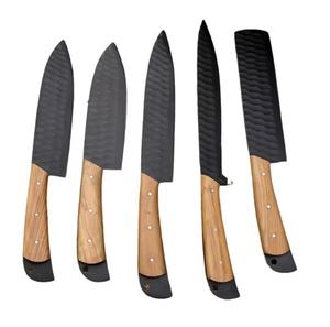 Couteaux de chef personnalisés noirs forgés en 5 parties avec revêtement en poudre et manche en bois, multi-usages et écologiques - Product Image 1