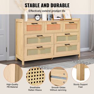 Cómoda Moderna de 7 Cajones Estilo Boho, Madera de Ratán Natural con Luces LED, Organizadores para Almacenamiento de Ropa - Product Image 6