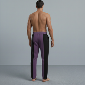 Pantalon de jogging décontracté pour homme, violet et noir, à blocs de couleur, taille élastique, coupe droite, avec bande latérale et logo sur la jambe droite - Product Image 2