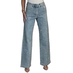 Pantalon en jean extensible pour femme, coupe droite, taille haute, 100 % coton, respirant, écologique, style streetwear, jambe large, léger - Product Image 2