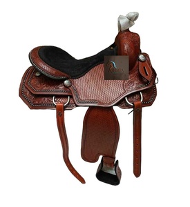Western Brown Leather Basket Wave & Floral Hand Tooling Designed Barrel Horse Racing Saddle Black Suede Seat <b>Studded</b> 10" to 18" - Product Image 1