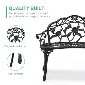 Outdoor Cast Aluminum Rose Pattern Black Patio Bench with Curved Legs for Porch or Deck - Product Image 6