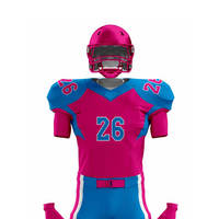 Setelan Jersey dan Celana American Football Custom Pink Biru V-Neck Lengan Pendek Anti Lembab Cetak Sublimasi Seragam Pria Dewasa