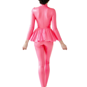 Combinaison rose en PU pour femme, col roulé, manches longues, taille froncée, coupe ajustée, longueur intégrale, couleur unie, tenue de club - Product Image 3