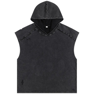 Camiseta sin mangas de poliéster de secado rápido para hombre, de alta calidad, estilo hip hop vintage, corte holgado, diseño frontal con empalmes desgastados - Product Image 1