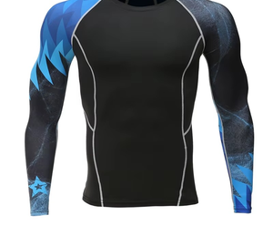 Chemise de compression pour homme à manches longues, noire et bleue, imprimé géométrique, séchage rapide, en spandex et polyester - Product Image 4
