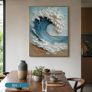 Peinture murale en soie artisanale de luxe, design vagues bruyantes, décoration intérieure blanche, Vietnam OEM ODM - Product Image 3