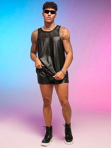 Men's 2 Piece Outfit Mesh Sheer Pu Leather Tank Top and Track Shorts <b>Set</b> - Product Image 5
