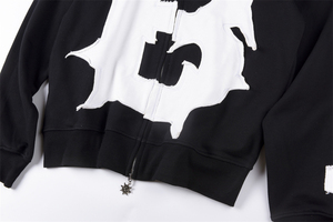 Sweat à capuche zippé oversize noir avec lettres blanches brodées et capuche à pointes, style streetwear, en molleton de coton écologique pour homme - Product Image 5