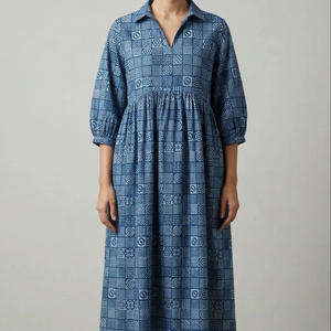 Robe midi en coton imprimée à la main pour femmes, robe d'été bohème à fleurs, robe décontractée ample, tissu doux et respirant fait à la main - Product Image 1