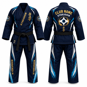 MEGAMAPLE Club Karate Gi, Uniforme de Karate con Nombre y Números del Equipo Impresos por Transferencia de Calor, Blanco y Azul, Cuello en V, Manga Corta, Absorbe la Humedad, Transpirable, 100% - Product Image 1