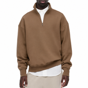 Sweat-shirt à col montant pour homme, coupe ample, en coton marron uni, style décontracté - Product Image 5