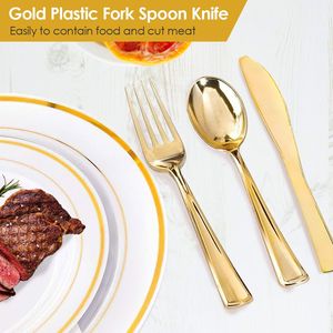 Ensemble de vaisselle jetable de qualité supérieure avec bordure dorée, 175 pièces, pour 25 invités, assiettes, gobelets et couverts en plastique de qualité supérieure pour mariages, anniversaires - Product Image 5