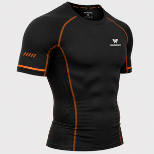 Warpro Men's <b>Compression</b> Rash Guard Short Sleeve Black Orange Quick Dry Spandex Polyester Workout <b>Shirt</b> Adult Size M - Product Image 3
