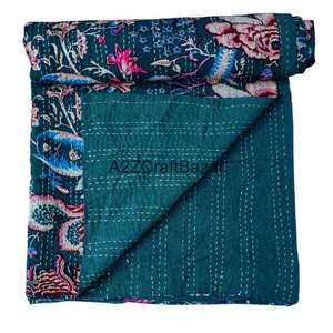 Colcha Kantha Vintage con Estampado Floral, Reversible, Manta Bohemia, Cubrecama Tradicional, Hecha a Mano en India, 100% Algodón - Product Image 4