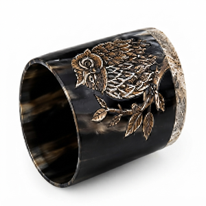 Sculpture d'oiseau hibou artisanale en corne de buffle écologique avec détails en verre et motif d'oiseau hibou gravé sur branche - Artisanat rustique de la faune sauvage - Product Image 4