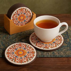 Decorative Round Wooden <b>Coaster</b> with Floral Art – <b>Table</b> Protection for Tea & Coffee Cups Handmade Printed Wooden Drink <b>Coaster</b> - Product Image 4