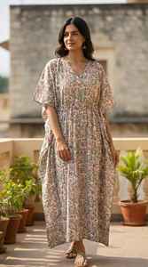 Robe kaftan en coton fleuri pour femmes, col en V, coupe décontractée, tenue de salon d'été - Product Image 3