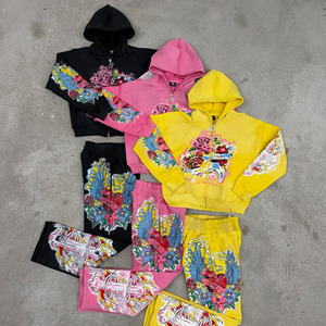 <b>Pink</b> Yellow Black Floral Print Nylon Hooded Windbreaker Set Oversized Zipper Nylon Unisex Adult All Seasons Fleece Outfit - Product Image 1