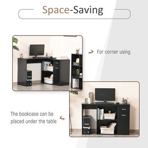 Scrivania a L Nera per Ufficio Domestico con Ripiani Girevoli, Cassetto e Libreria per Utenti di Laptop - Product Image 4