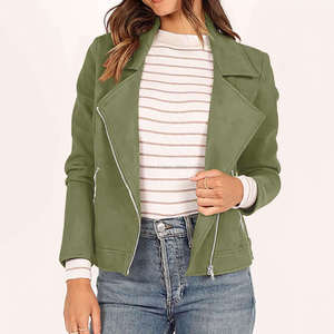 Vestes pour femmes en daim de style motard vert avec fermeture à glissière asymétrique col à revers manches longues recadrée Moto Fit Look Vintage moderne - Product Image 4