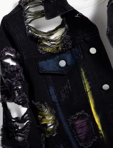 Unisex <b>Punk</b> Style Ripped Bomber <b>Jacket</b> Black Hooded Collar Regular Length Zipper Closure Slim Fit Cotton Material Front Autumn - Product Image 6