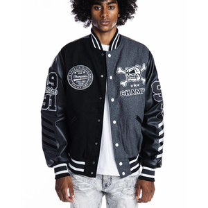 Chaqueta Varsity para Hombre, Negra y Gris, 100% Poliéster, Resistente al Viento, Diseño de Calavera con Parches, Cuello Camisero, Estilo Casual, Corte Regular, Invierno - Product Image 1