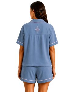 Customized Dusty Blue Women Pajama Set Short Sleeve Button <b>Down</b> Nightwear Soft Breathable Summer Sleepwear Casual Lounge Set - Product Image 2