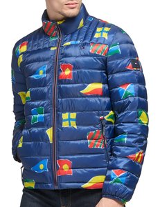 Men's Blue Printed Puffer <b>Jacket</b> Stand Collar Zipper Closure Windproof <b>Casual</b> Winter Coat Regular Fit - Product Image 4