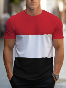 Camiseta de punto de manga corta para hombre con bloques de color, cuello redondo, ajuste regular, diseño casual liso, 100% algodón, antiarrugas, estilo Hip Hop - Product Image 3