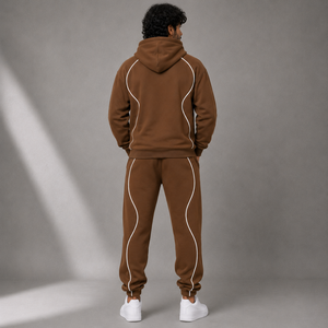 Men's Brown Hooded Tracksuit <b>Set</b> with White Contrast Piping Pullover Hoodie and <b>Jogger</b> Pants for Casual Streetwear - Product Image 2