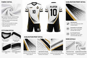 Ensemble de tenue de football Elite blanc et noir avec rayures dorées, uniforme sportif de haute qualité avec tissu respirant pour l'entraînement - Product Image 6