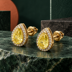 Boucles d'oreilles clous en diamant de culture jaune poire, or 9 carats, certifiées IGI, 2,6 carats |   Clarté VVS2 VS1, design halo, pour femmes - Product Image 1
