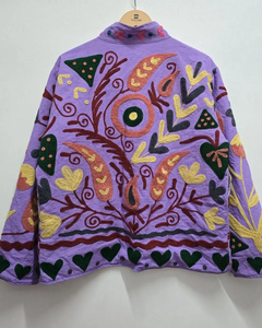 Purple Suzani <b>Velvet</b> <b>Jacket</b> with Hand Embroidered Floral Design Artisan Statement Windproof Duster Bohemian Outerwear - Product Image 2