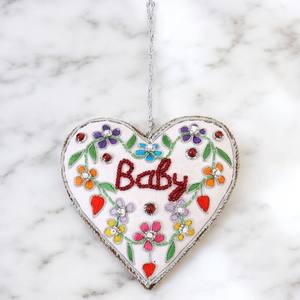 Embroidered Heart Shape Zari Hanging Craft | <b>Beaded</b> Floral Fabric Ornament <b>for</b> Wall, <b>Door</b> & Interior Decoration - Product Image 1