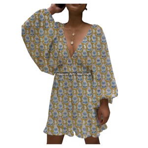Mejor Precio de Fábrica al por Mayor: Nuevos Vestidos Casuales de Moda para Mujer, Estampados a Mano, de Cuello en V Profundo, Estilo Linterna, de Venta Caliente - Product Image 3