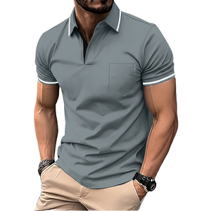 Polo de Manga Corta Negro para Hombre con Bolsillo, Color Sólido, Diseño Casual de Algodón Transpirable, Corte Regular - Product Image 6