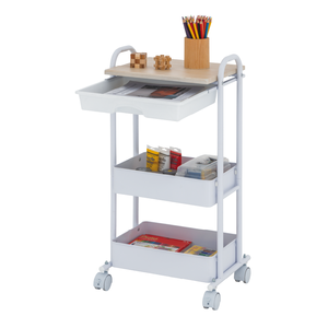 Three-Layer Plastic Rolling Storage Cart With Wooden Top Minimalist Design For Office Neatening And Organization - Product Image 6