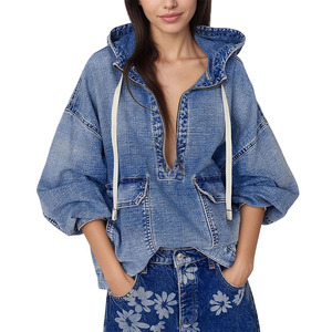 Sudadera con Capucha de Mezclilla Azul para Mujer, de la Mejor Calidad, Informal, Transpirable, Ecológica, de Invierno, con Media Cremallera, Manga Larga y Dos Bolsillos Delanteros Grandes - Product Image 5