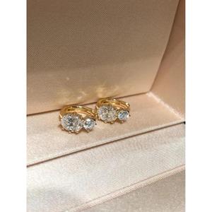 Two Stone Diamond <b>Huggie</b> Earrings Yellow <b>Gold</b> Oval Round Hoop Earrings Elegant Anniversary Gift Minimalist Bridal Jewelry Gift - Product Image 3