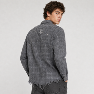 Chemise en flanelle à carreaux perlée pour homme, manches longues, col rabattu, style décontracté urbain - Product Image 2