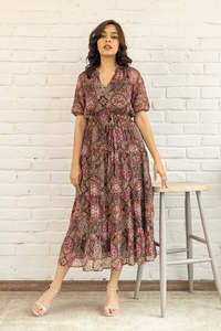 Vestido Midi Boho de Gasa con Cuello en V, Estampado Paisley, Manga Corta, Corte Holgado, Estilo A-Line, Vestido Casual de Verano para Mujer, Vestido Elegante para Mujer - Product Image 5