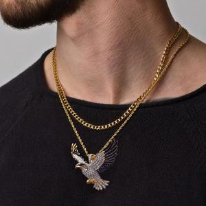 <b>Men</b> 22K Gold Plated Eagle Pendant <b>Necklace</b> With Crystal Rhinestones Figaro Chain Hiphop Style Everyday Wear - Product Image 3