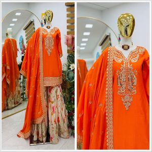 Designer Chinon Silk Embroidered Sharara <b>Suit</b> Set with Dupatta for <b>Women</b> Party Wear <b>Wedding</b> Diwali Ethnic Quick Dry Collection - Product Image 3