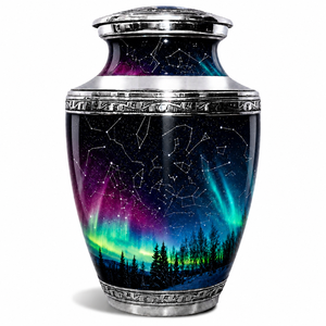 Urna Funeraria Lavender Sunset con Arte de Campo Floral Púrpura Sereno, Paisaje de Horizonte Dorado y Elegante Urna Grabada en Plata - Product Image 3