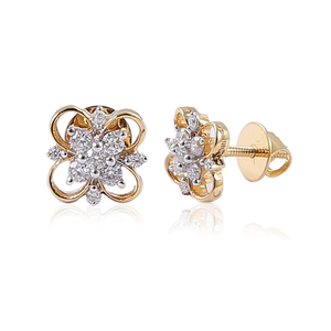 Pendientes de Racimo de Flores con Diamantes Naturales en Oro Amarillo de 14K |   Pendientes de tuerca de diseño floral con corte redondo para mujer, regalo de joyería fina - Product Image 3